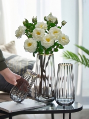 轻奢ins 风竖楞玻璃花瓶透明金口创意水培鲜花玫瑰插花器摆件客厅 大号